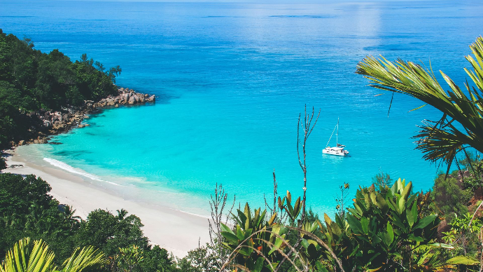 Eau turquoise et plage de sable blanc des Seychelles vu en contre plongé