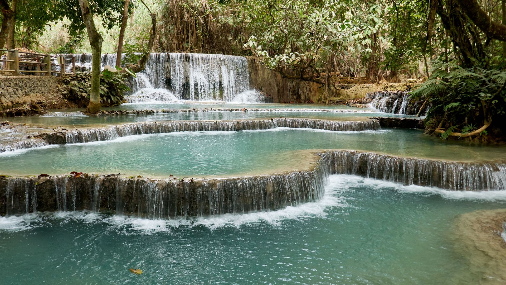Explorez la beauté tranquille de la cascade de Kuang Si avec ses eaux turquoise entourées d'une végétation luxuriante.
