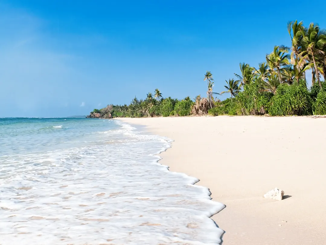 Vue de la plage de Diani, sable blanc et eau turquoise entourée de végétation