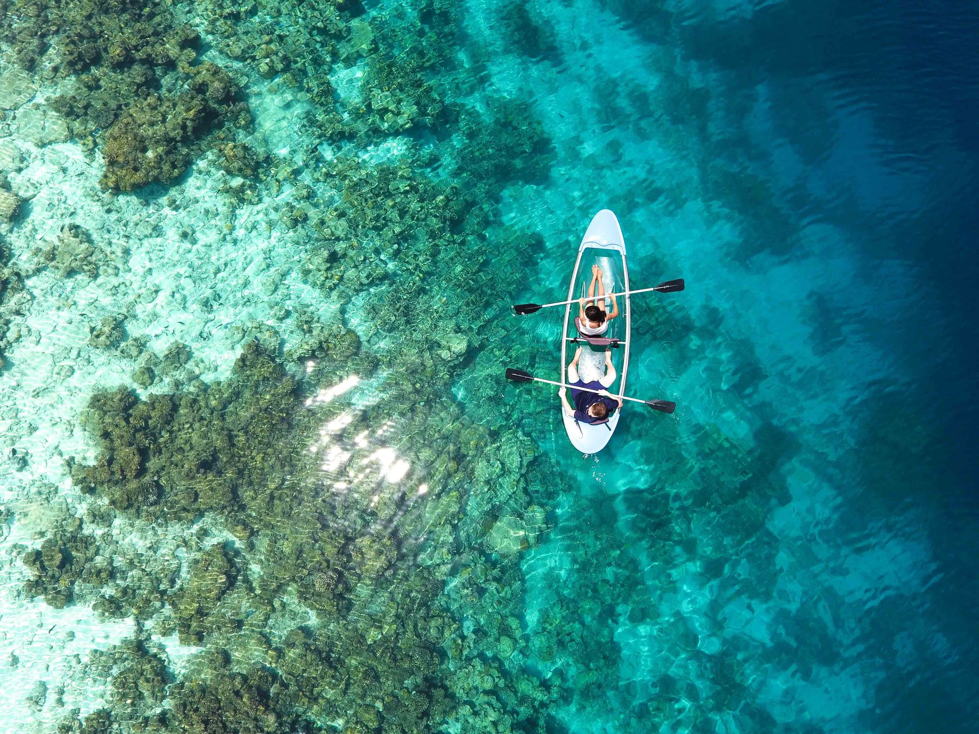 Vue aérienne d'un canoë transparent glissant sur des récifs coralliens vibrants dans les eaux turquoise des Maldives.