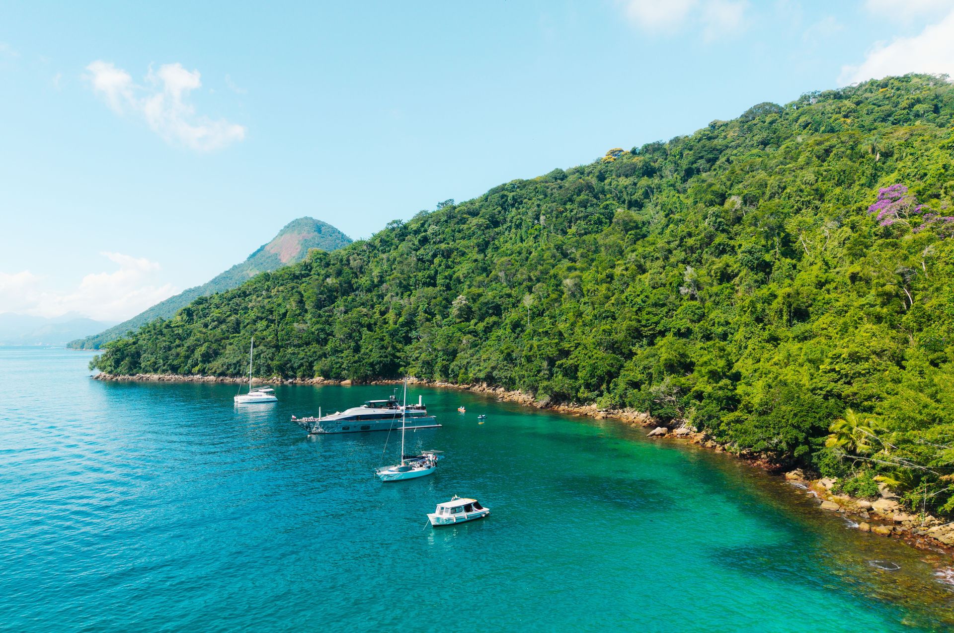 Superbe photo aérienne des eaux turquoises claires et des bateaux amarrés le long de la luxuriante côte d'Ilha Grande au Brésil.