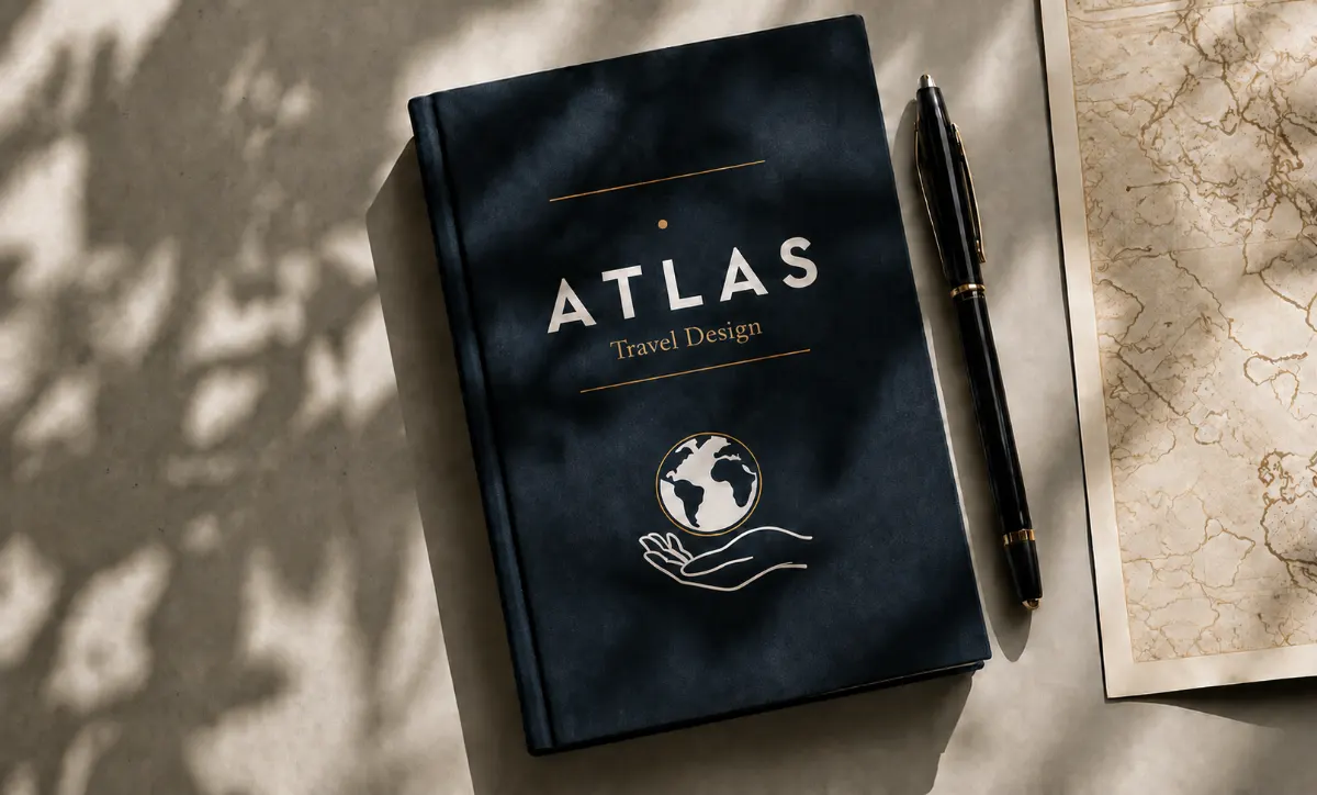 Carnet de voyage Atlas Travel Design avec un stylo à droite