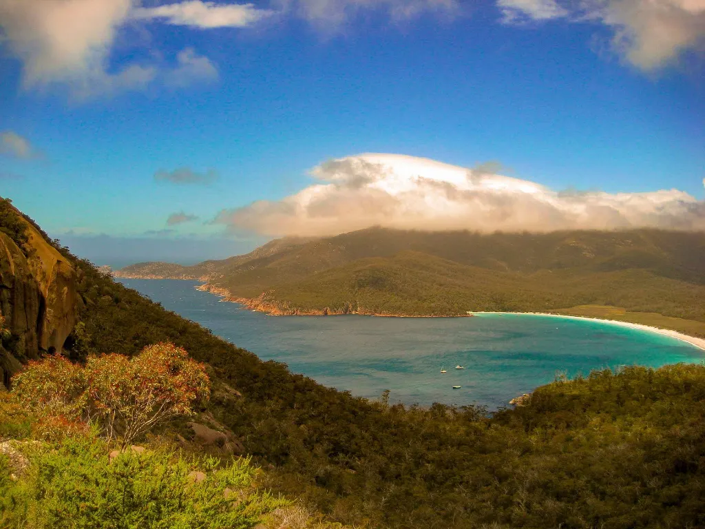 Magnifique vue aérienne de Wineglass Bay avec des eaux cristallines et une végétation luxuriante sous un ciel ensoleillé.