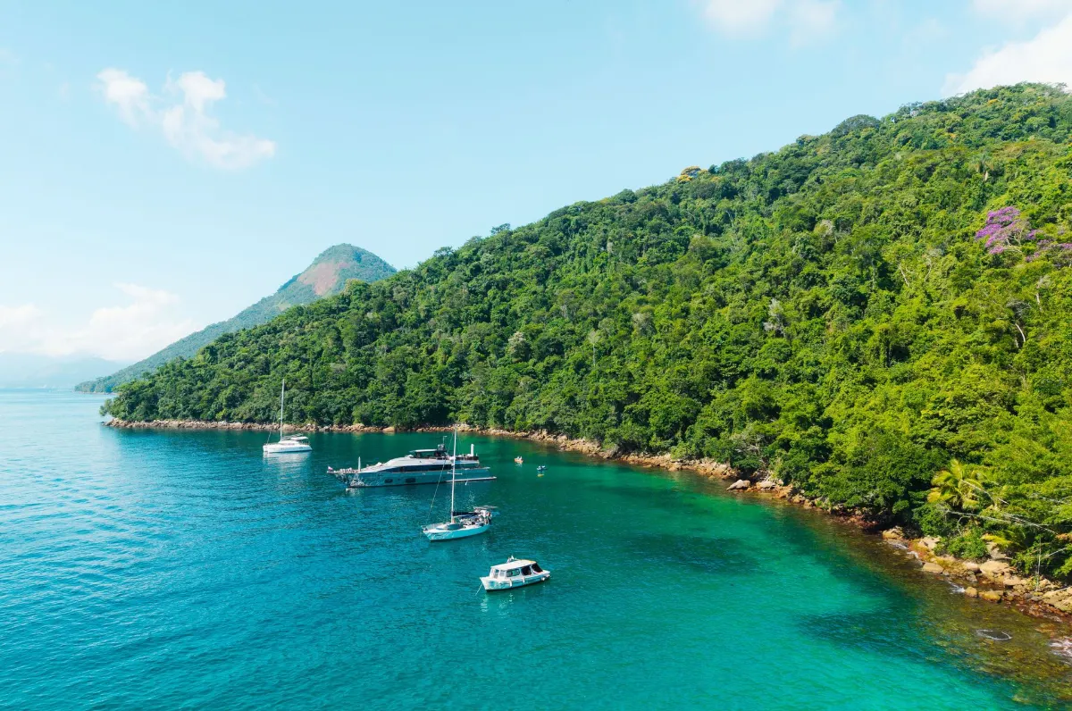 Superbe photo aérienne des eaux turquoises claires et des bateaux amarrés le long de la luxuriante côte d'Ilha Grande au Brésil.